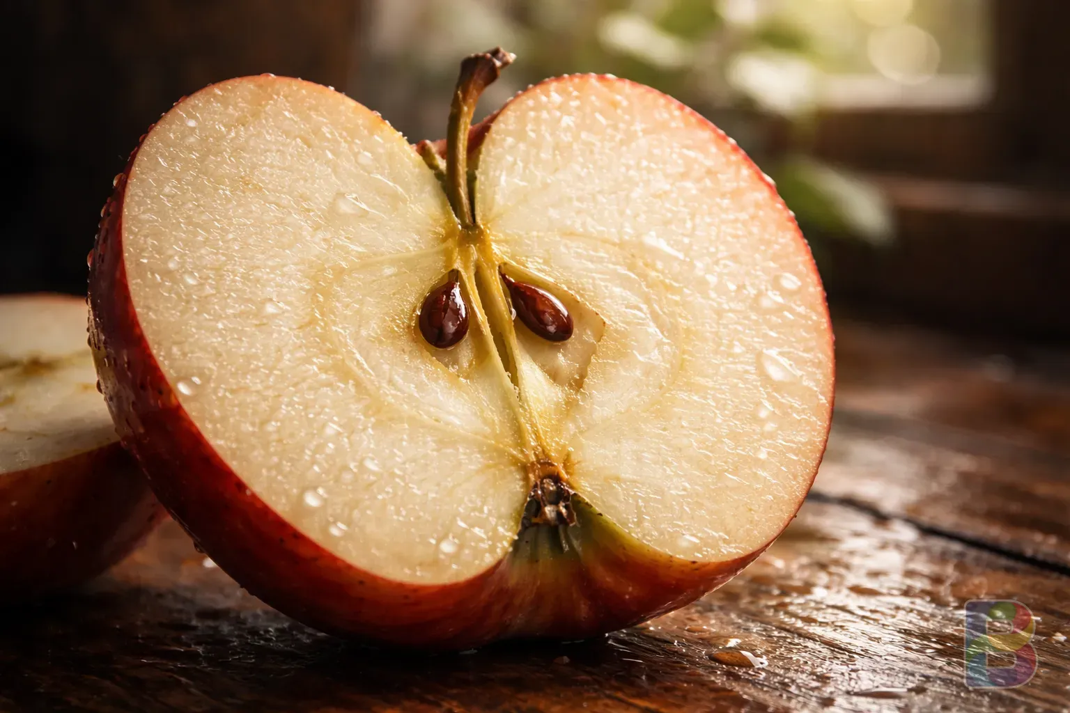 photorealistic, detail shot of a sliced apple showing its core and juicy texture, soft natural light, macro photography, high detail