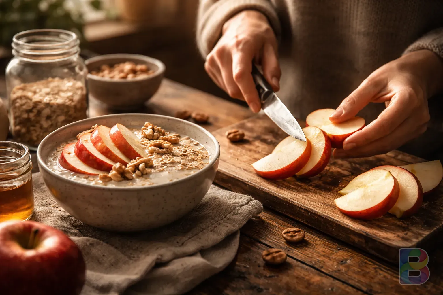 photorealistic, a person's hands preparing a healthy breakfast with apple slices and oats, warm morning light, lifestyle photography, cinematic lighting