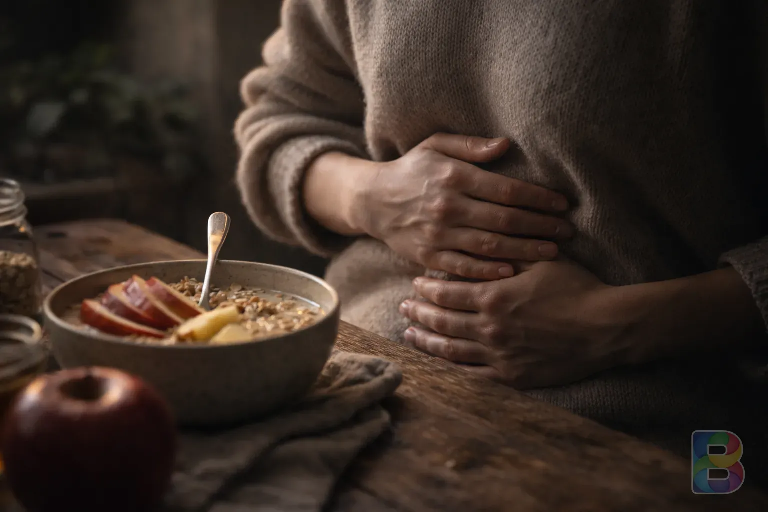 photorealistic, close-up of a person feeling mild stomach discomfort after breakfast, soft moody indoor lighting, cinematic atmosphere