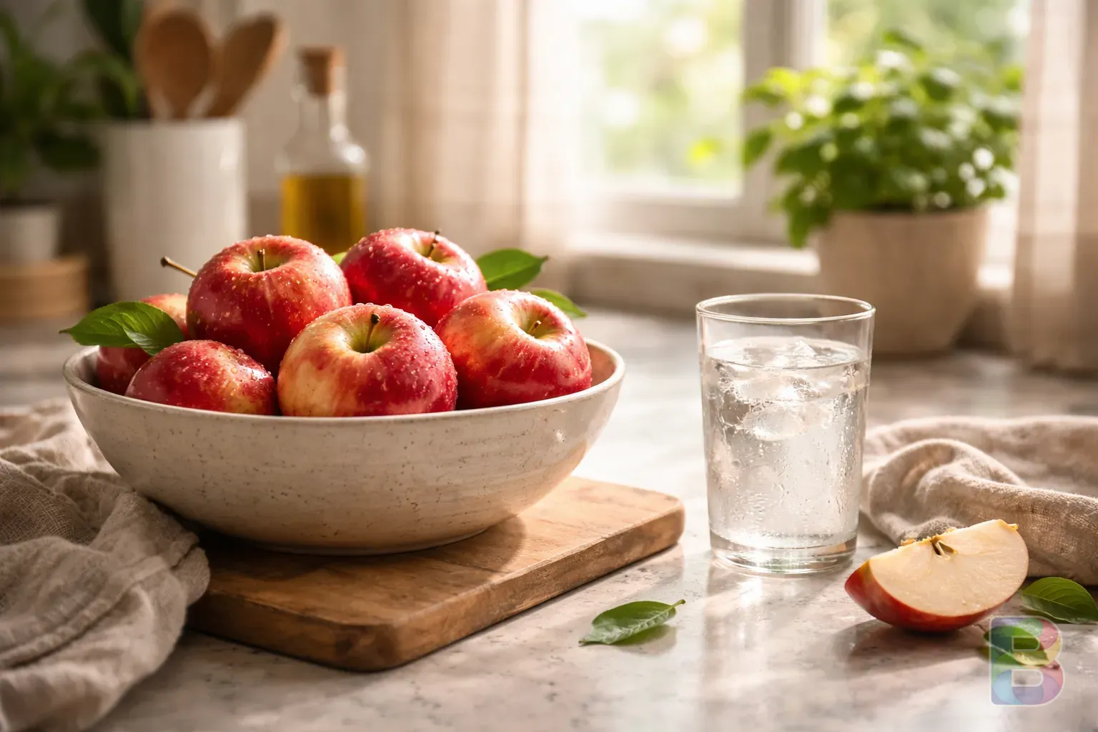 photorealistic, a clean kitchen counter with a bowl of apples and a glass of water, bright natural lighting, fresh and organized vibe