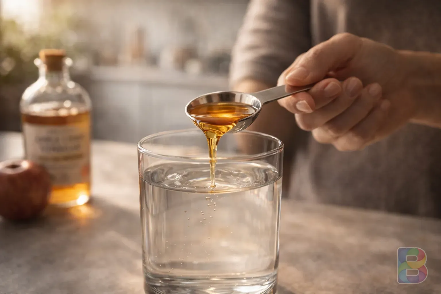photorealistic, a person measuring a tablespoon of apple cider vinegar over a glass of water, focus on the liquid gold color, clean modern kitchen, soft lighting