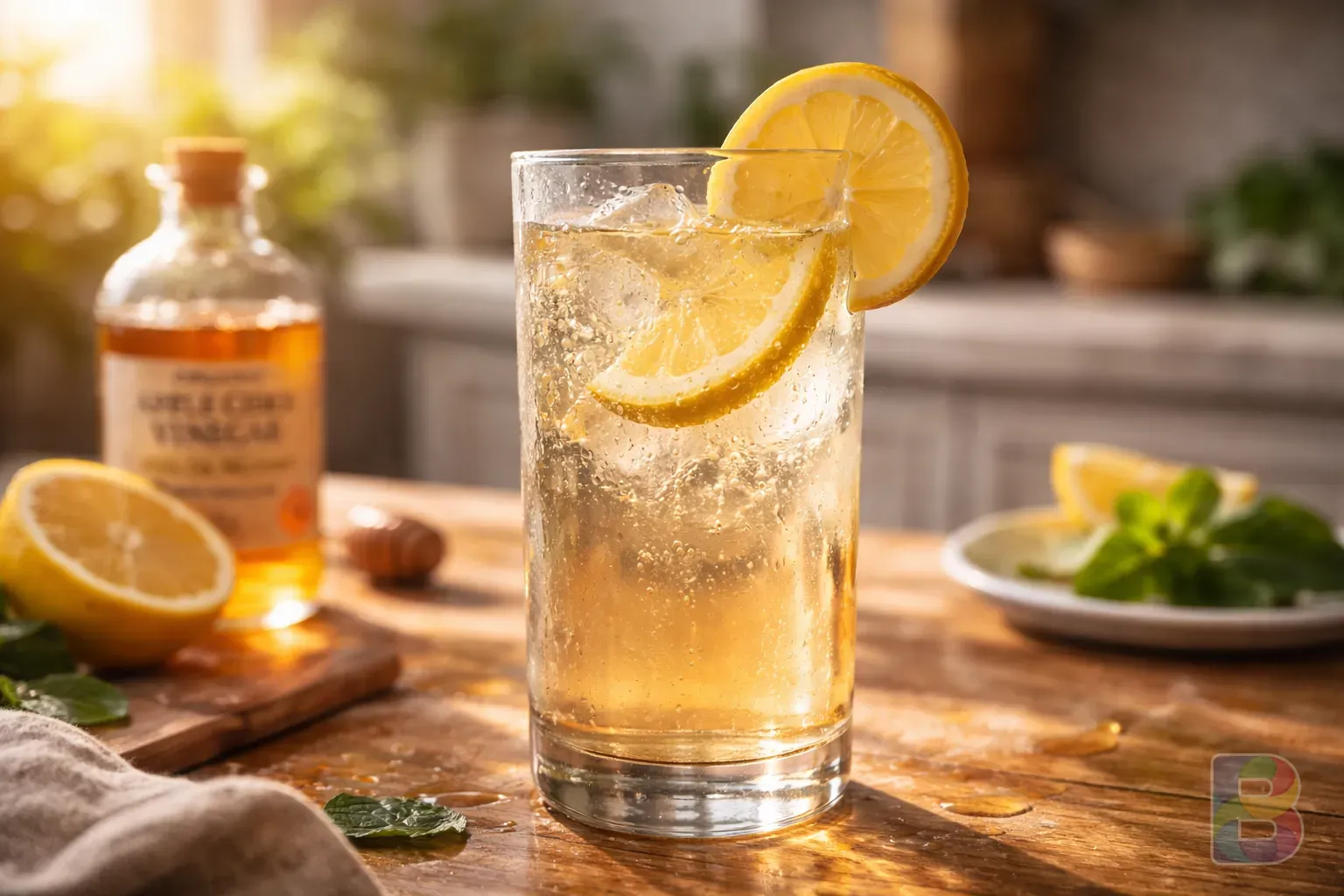 photorealistic, a refreshing tall glass of water with a slice of lemon and a dash of apple cider vinegar, sweat on the glass, bright summer morning vibe, cinematic lighting