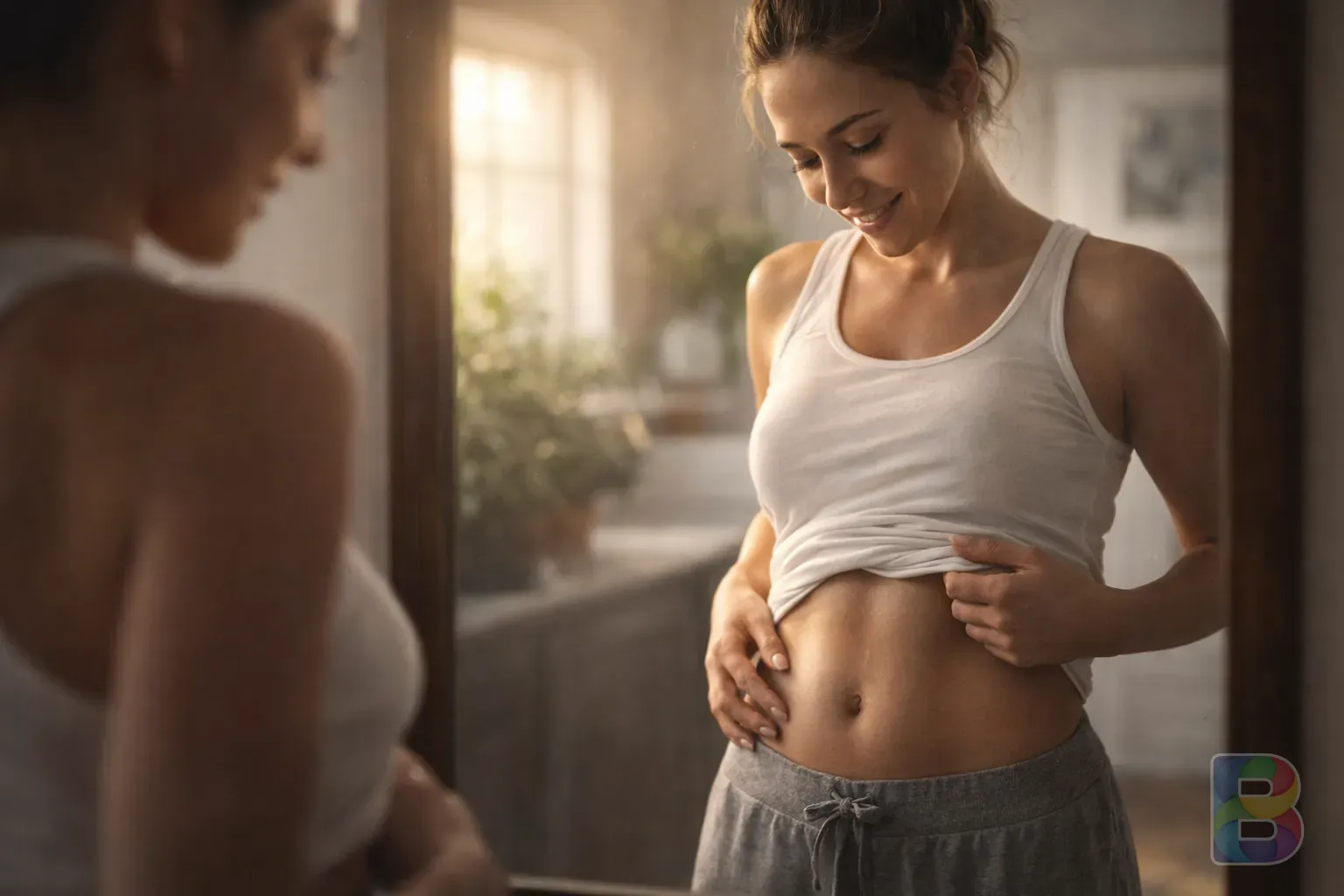 photorealistic, a person looking at their stomach in a mirror with a satisfied expression, soft morning light, healthy lifestyle concept, cinematic lighting