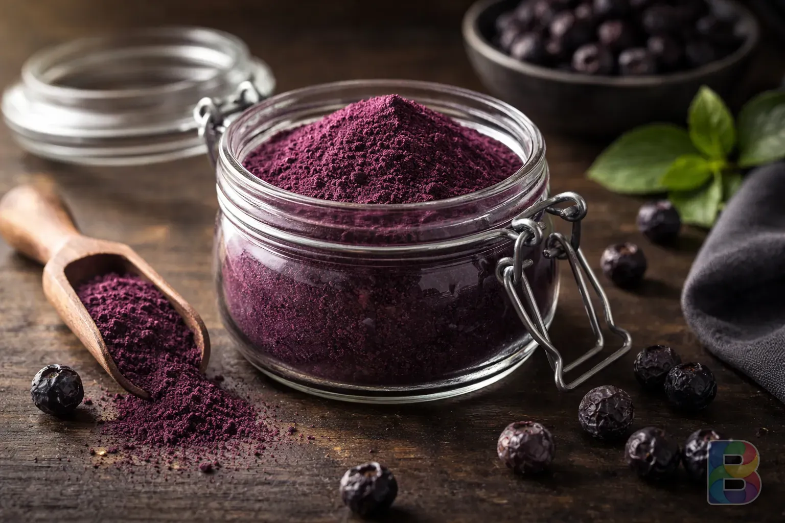 photorealistic, dark wooden table with aronia powder in a minimalist glass jar, scattered dried berries, soft natural light, cinematic moody atmosphere