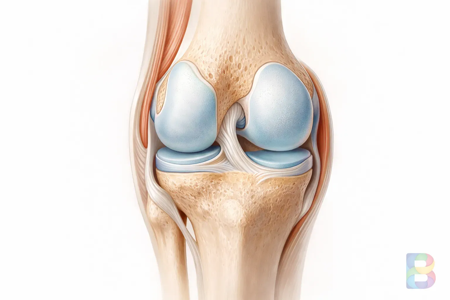 photorealistic, detail shot of a cross-section of a human knee joint showing cartilage and bone, medical illustration style, clean lighting, informative and professional