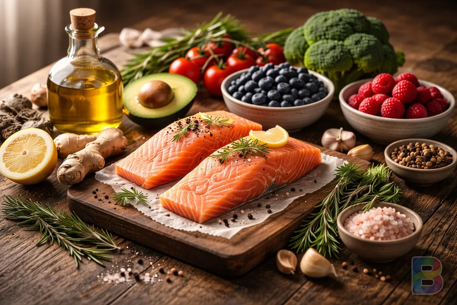 photorealistic, a wooden table filled with fresh salmon, olive oil, ginger, berries, and broccoli, vibrant colors, soft natural lighting, high detail food photography