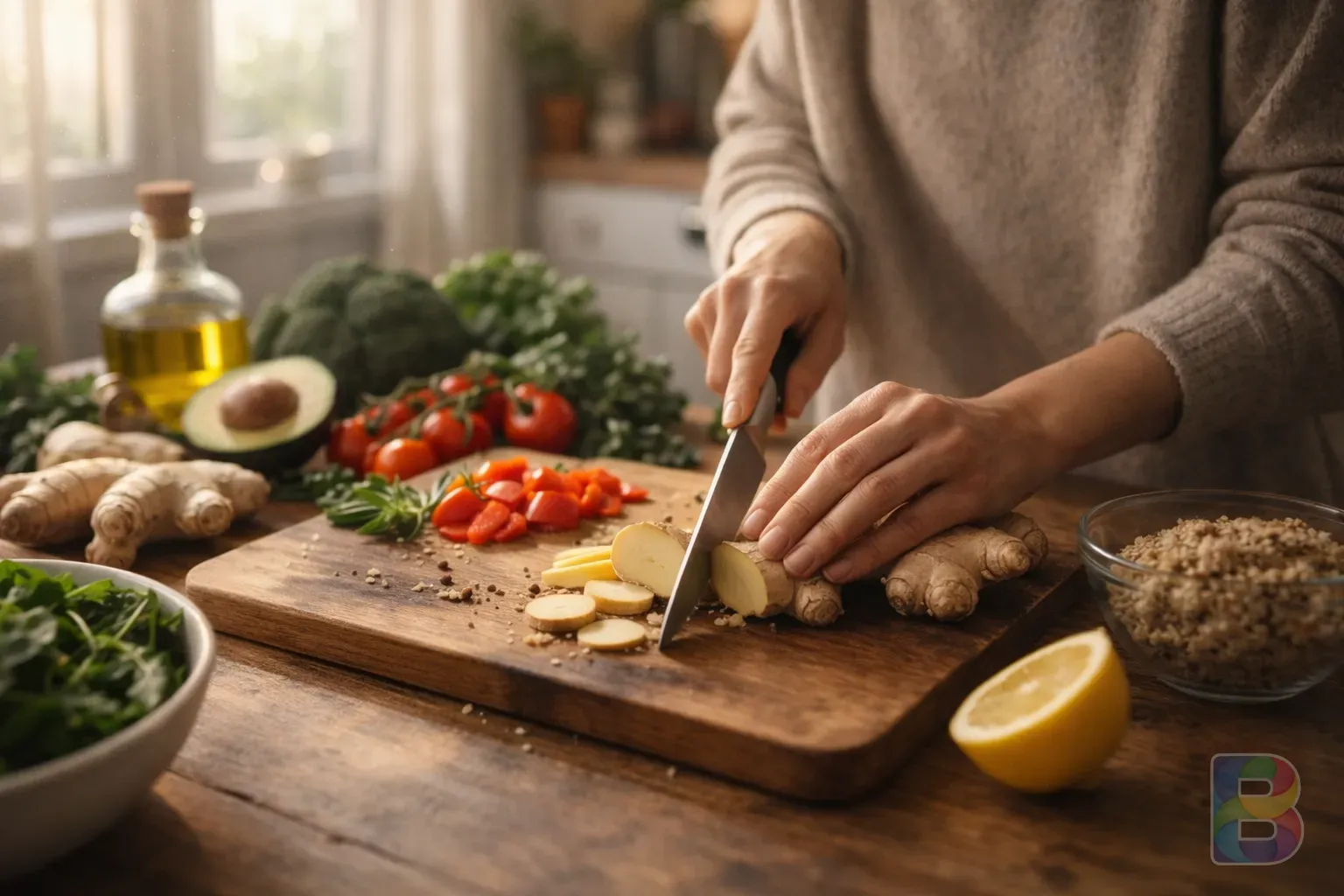 photorealistic, a person preparing a healthy meal in a bright kitchen, focus on cutting fresh ginger and vegetables, warm cinematic lighting, authentic lifestyle shot