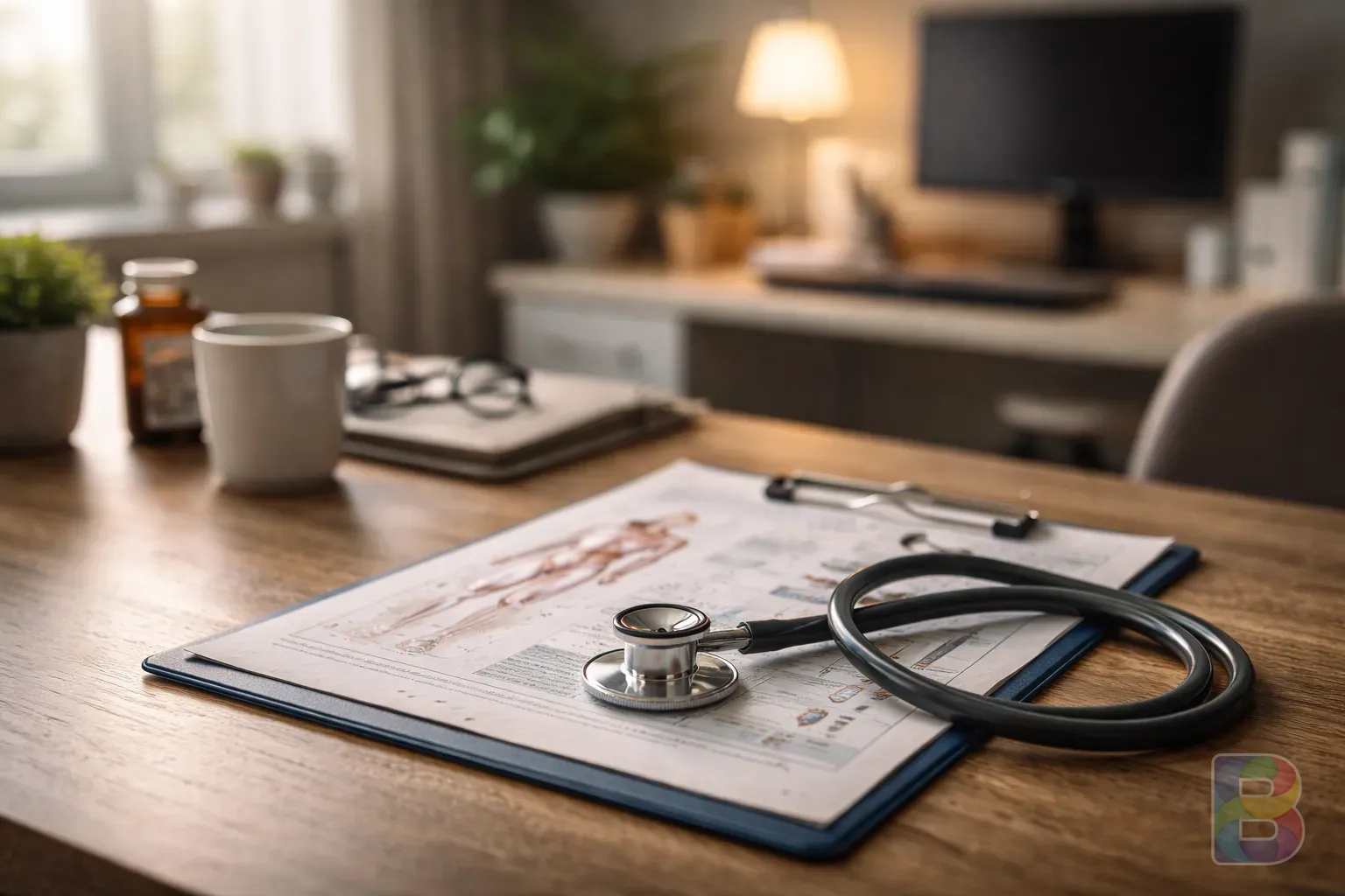 photorealistic, a modern doctor's office with a focus on a medical chart and a stethoscope, cinematic lighting, reassuring and professional atmosphere