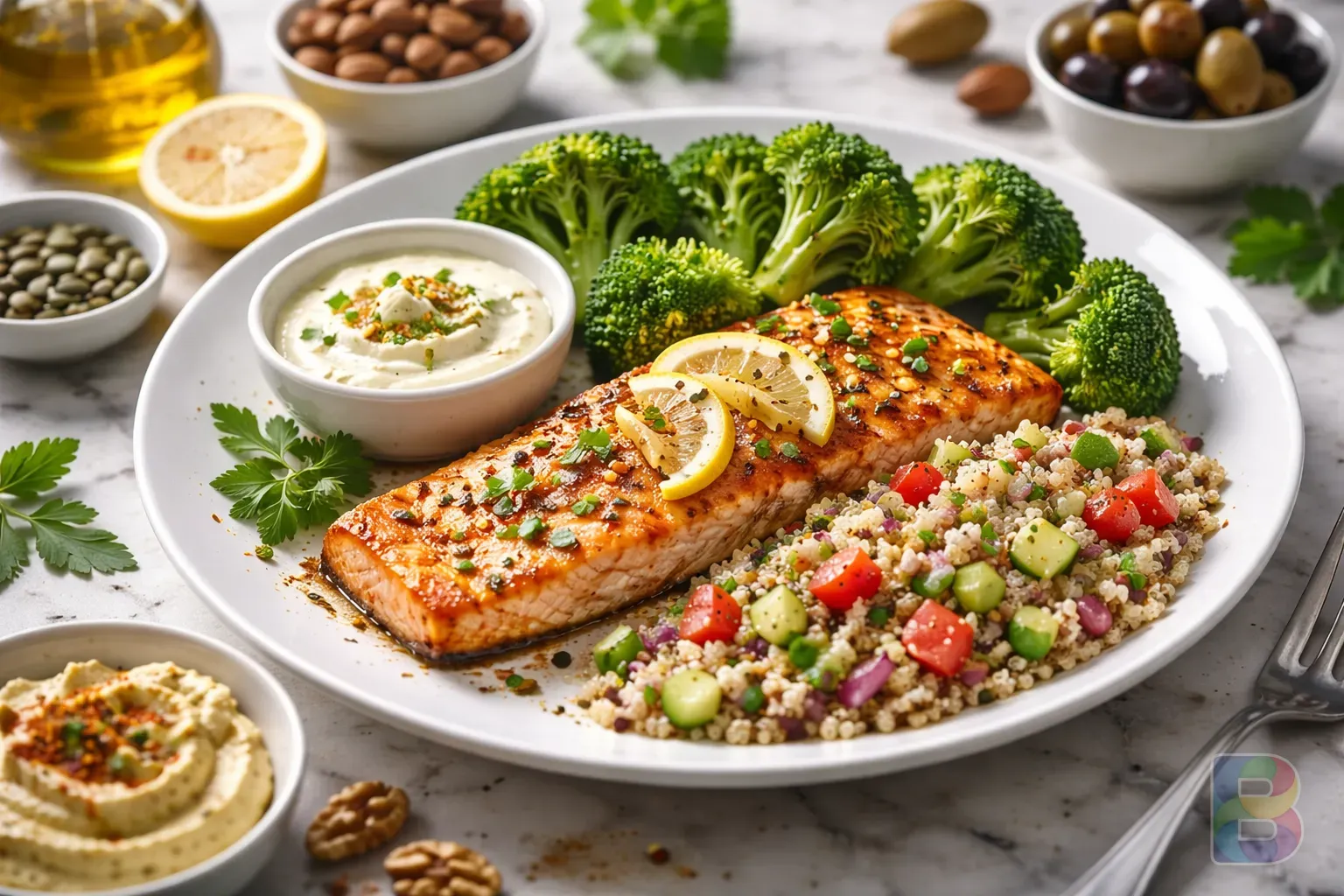 photorealistic, high-angle shot of a healthy Mediterranean meal with salmon, broccoli, and nuts, bright natural lighting, fresh and vibrant colors