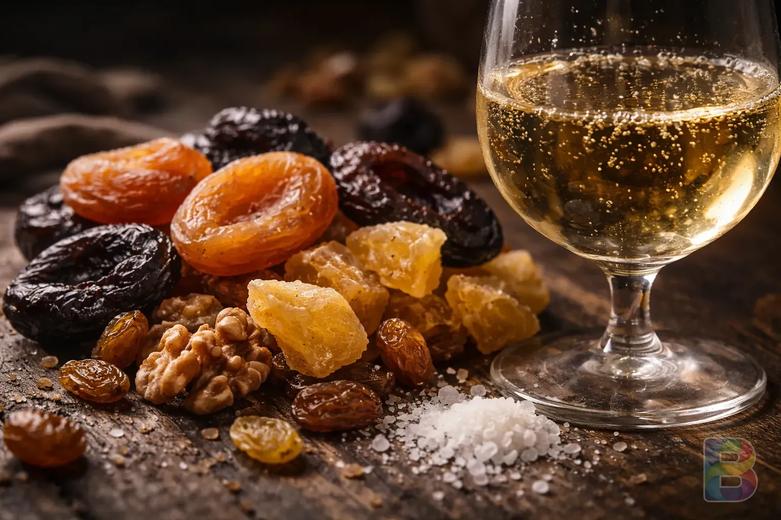 photorealistic, macro shot of dried fruits and a glass of wine with visible sulfites, moody low lighting, focus on textures