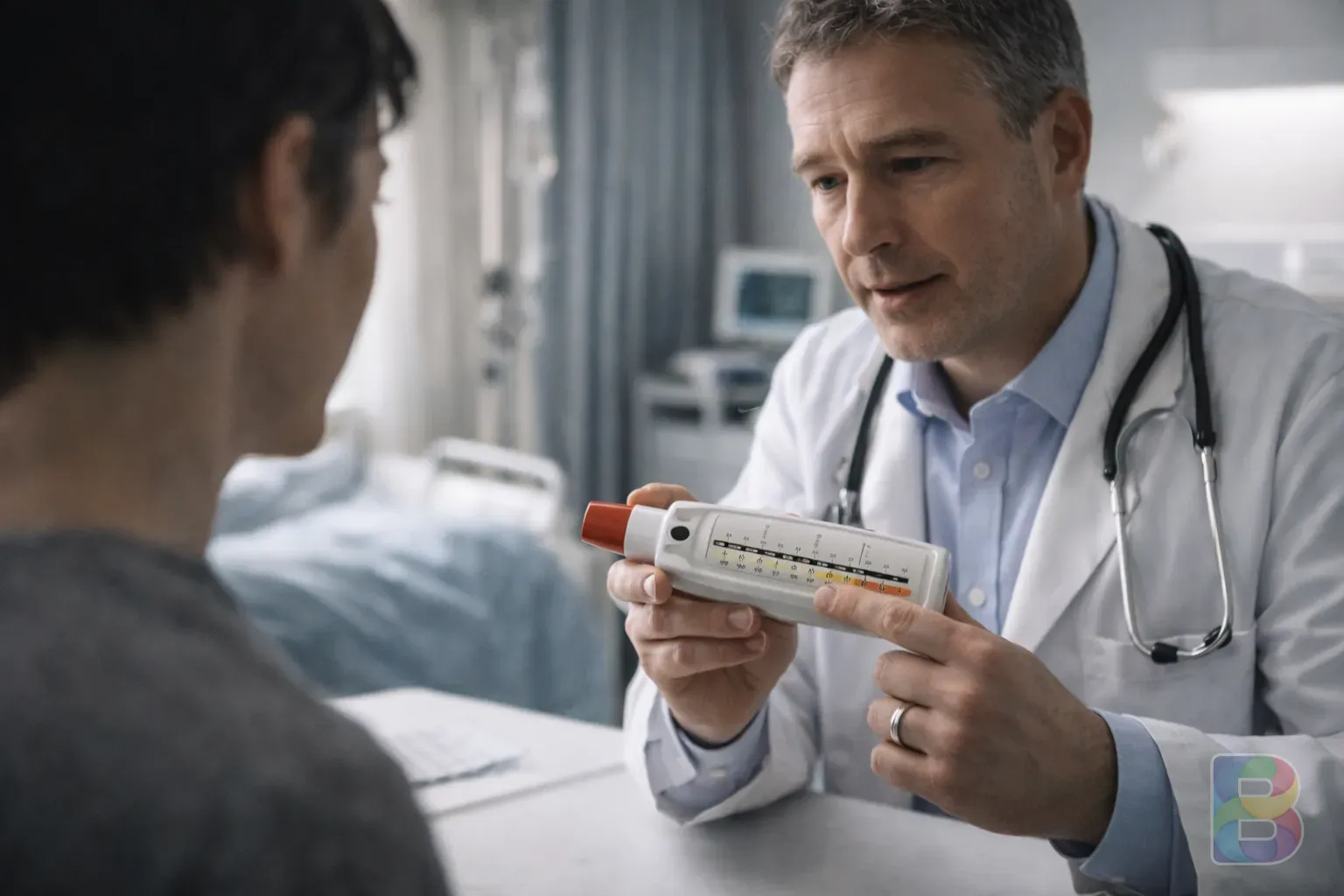 photorealistic, a doctor holding a peak flow meter and explaining to a patient in a modern hospital room, cinematic soft lighting, professional and calm atmosphere