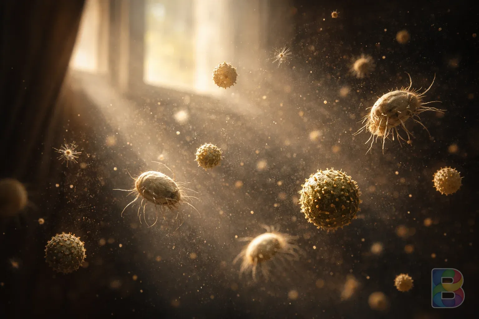 photorealistic, detail shot of microscopic dust mites and pollen grains floating in a beam of sunlight through a window, high contrast, cinematic lighting, particles in air
