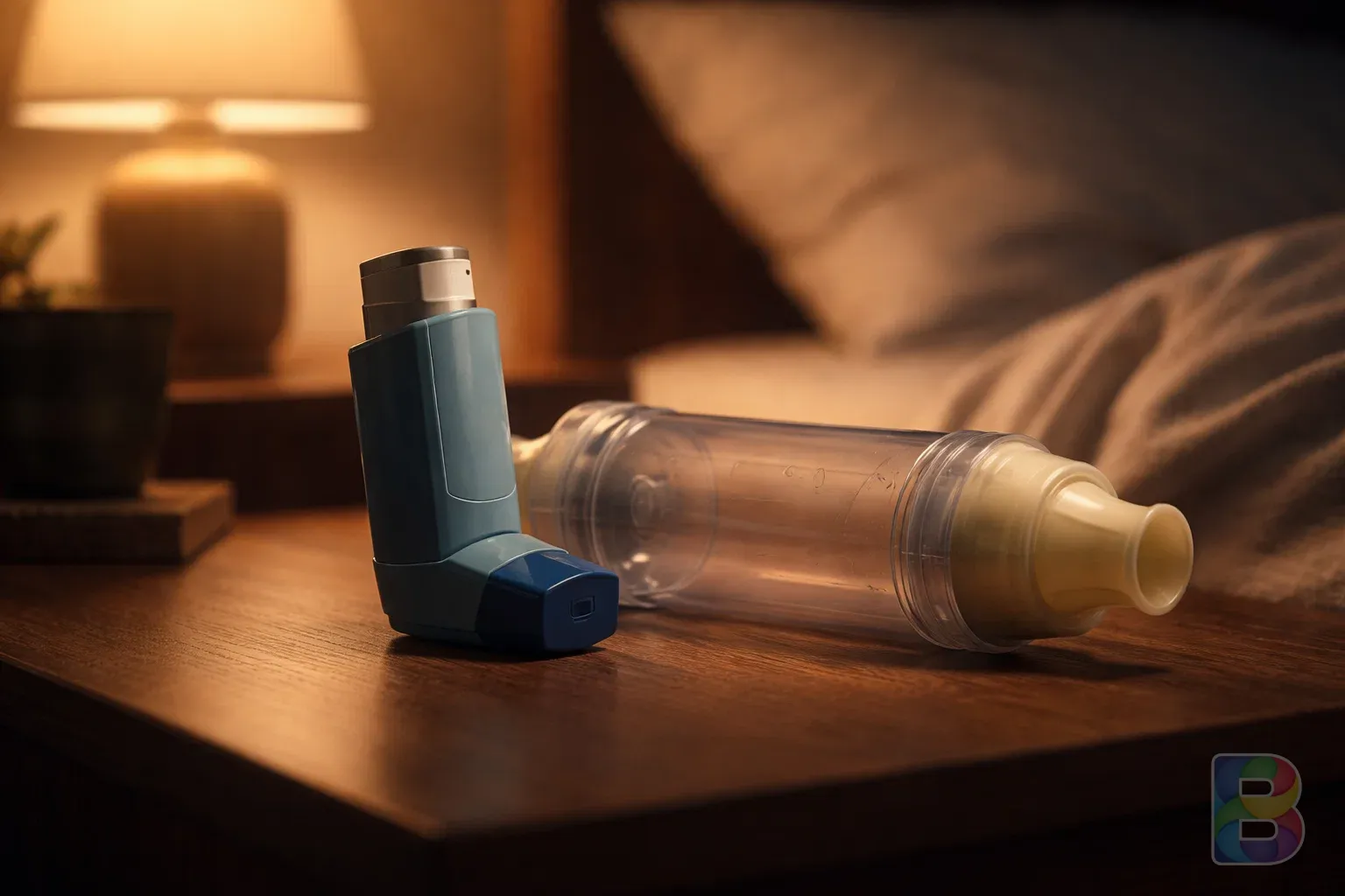 photorealistic, close-up of a modern medical inhaler and a spacer on a wooden bedside table, soft warm lighting, calm atmosphere, high detail