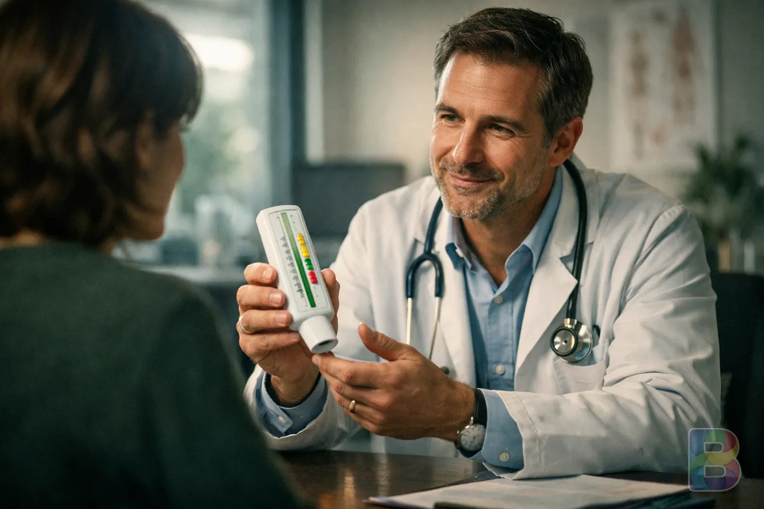photorealistic, professional doctor showing a peak flow meter to a patient in a bright modern clinic, reassuring mood, cinematic lighting