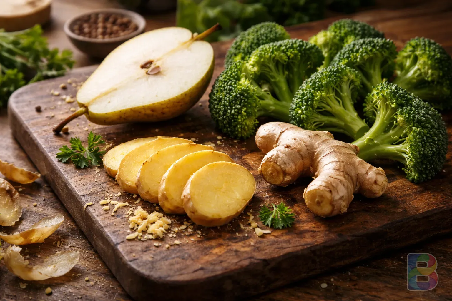 photorealistic, detail shot of fresh ginger slices, broccoli florets, and a half-cut pear on a wooden cutting board, soft natural lighting, vibrant colors, cinematic food photography