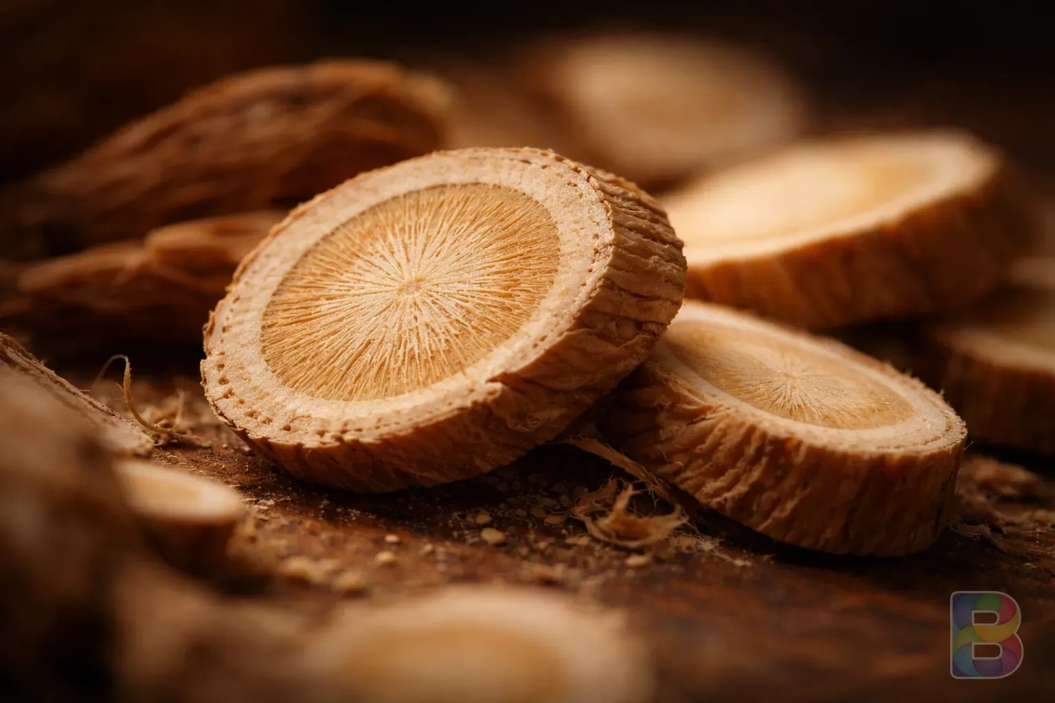 photorealistic, macro shot of sliced astragalus root showing its internal texture, warm earth tones, soft focus background, cinematic lighting