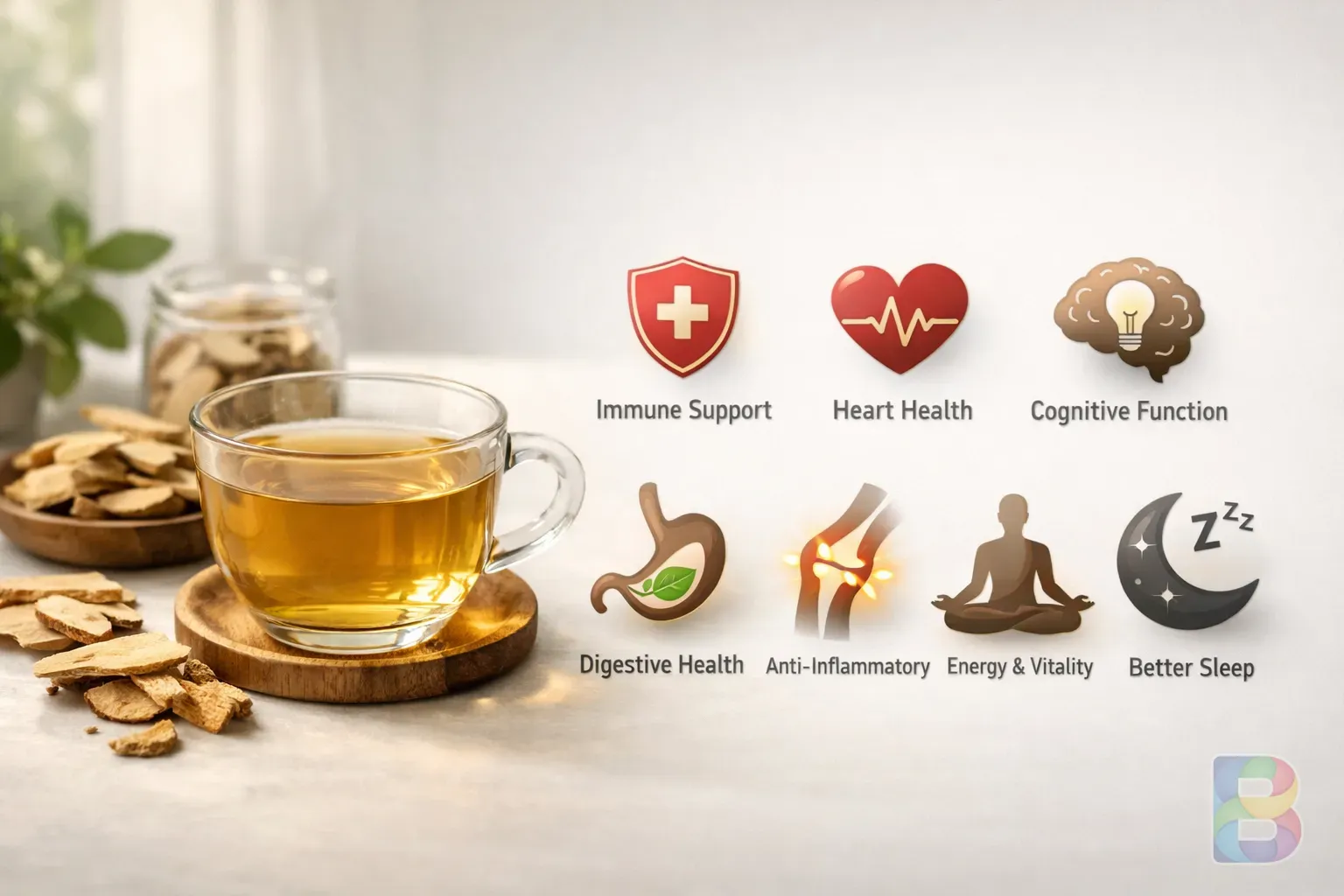 photorealistic, 7 different icons representing health benefits laid out neatly next to astragalus tea, clean minimal style, bright natural light