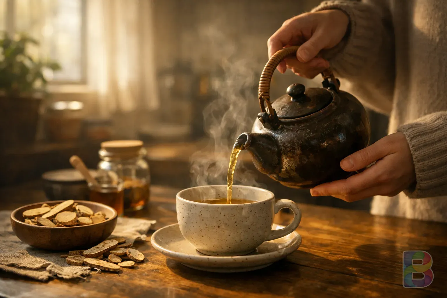 photorealistic, a person pouring warm astragalus tea into a ceramic cup, steam rising, cozy kitchen atmosphere, soft morning sun