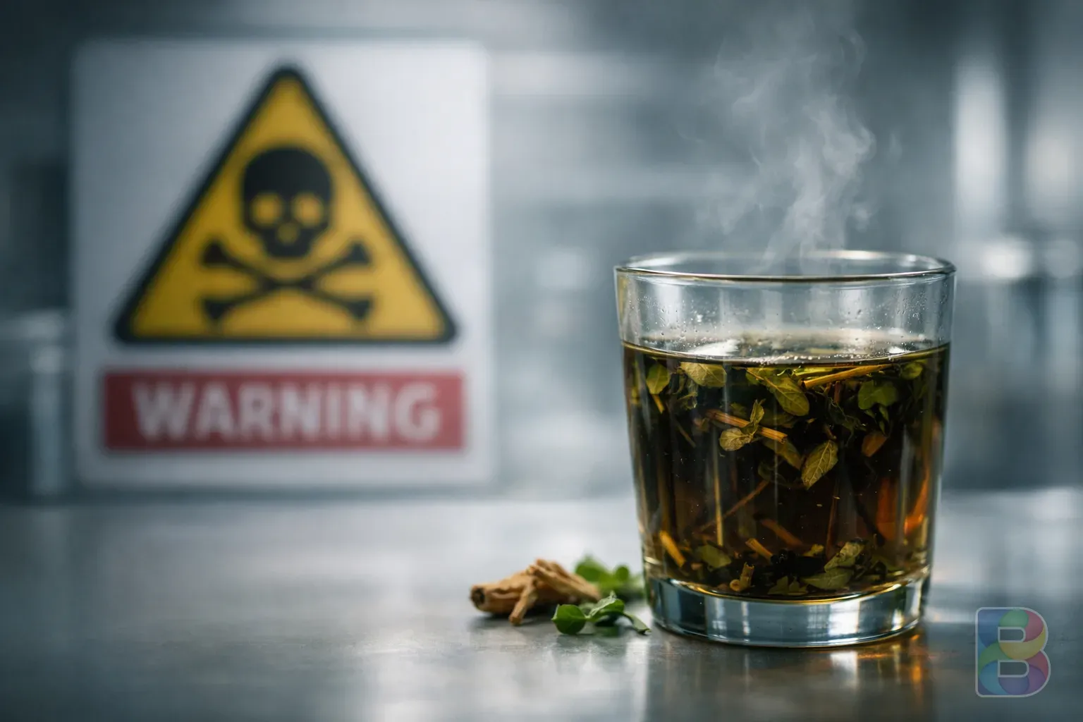 photorealistic, close-up of a glass of herbal medicine with a warning sign blurry in background, clinical and clean look, serious mood