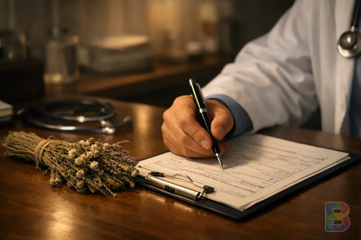 photorealistic, a doctor's hand holding a pen over a medical chart and a bundle of dried herbs, professional medical office, reassuring lighting