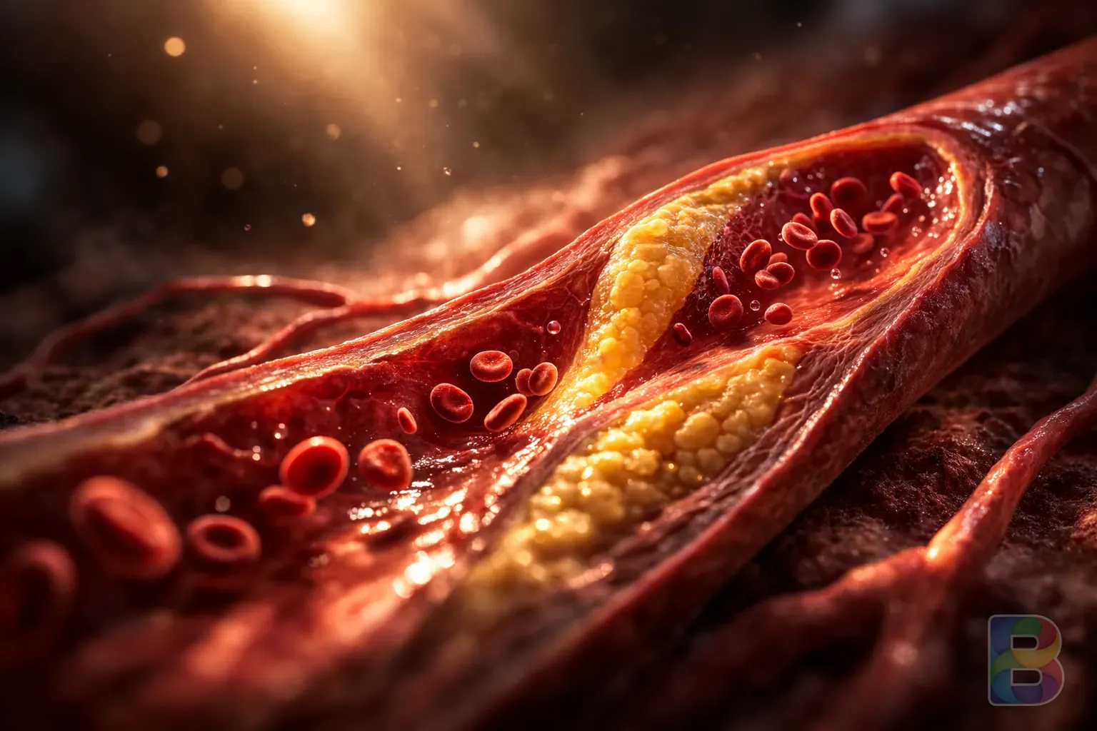 photorealistic, conceptual 3D render of a blood vessel with slight plaque buildup, cinematic micro-photography style, amber and deep red tones, professional medical visualization