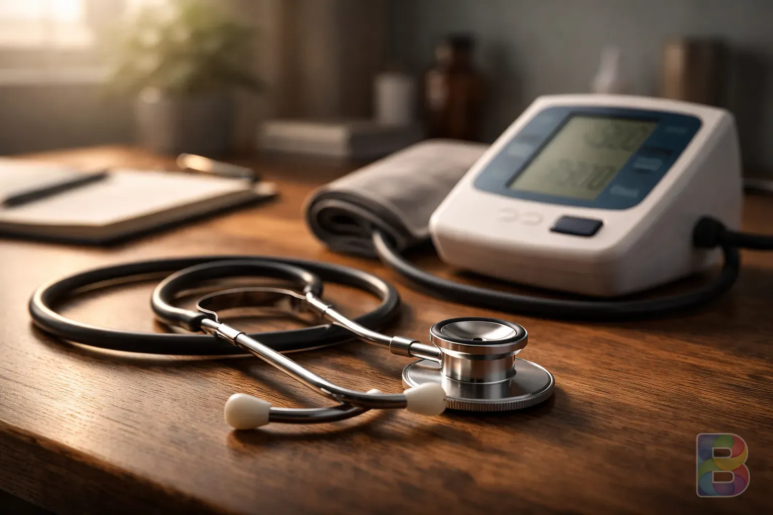 photorealistic, a stethoscope lying on a wooden desk next to a digital blood pressure monitor, cinematic medical setting, soft lighting, professional atmosphere