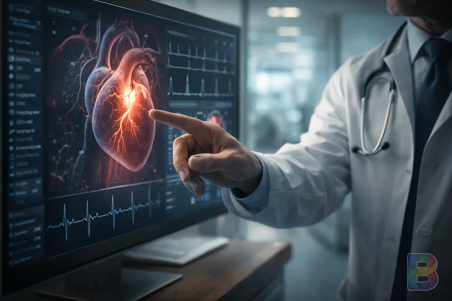 photorealistic, doctor pointing at a digital screen showing a cardiovascular scan, clinical and modern hospital environment, reassuring lighting
