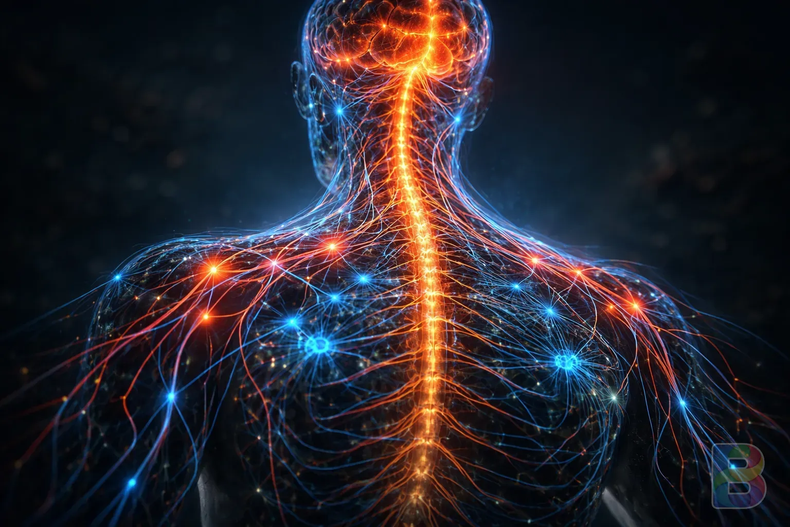 photorealistic, a conceptual 3D render of human nervous system with glowing blue and red nodes representing sympathetic and parasympathetic nerves, dark background, cinematic lighting