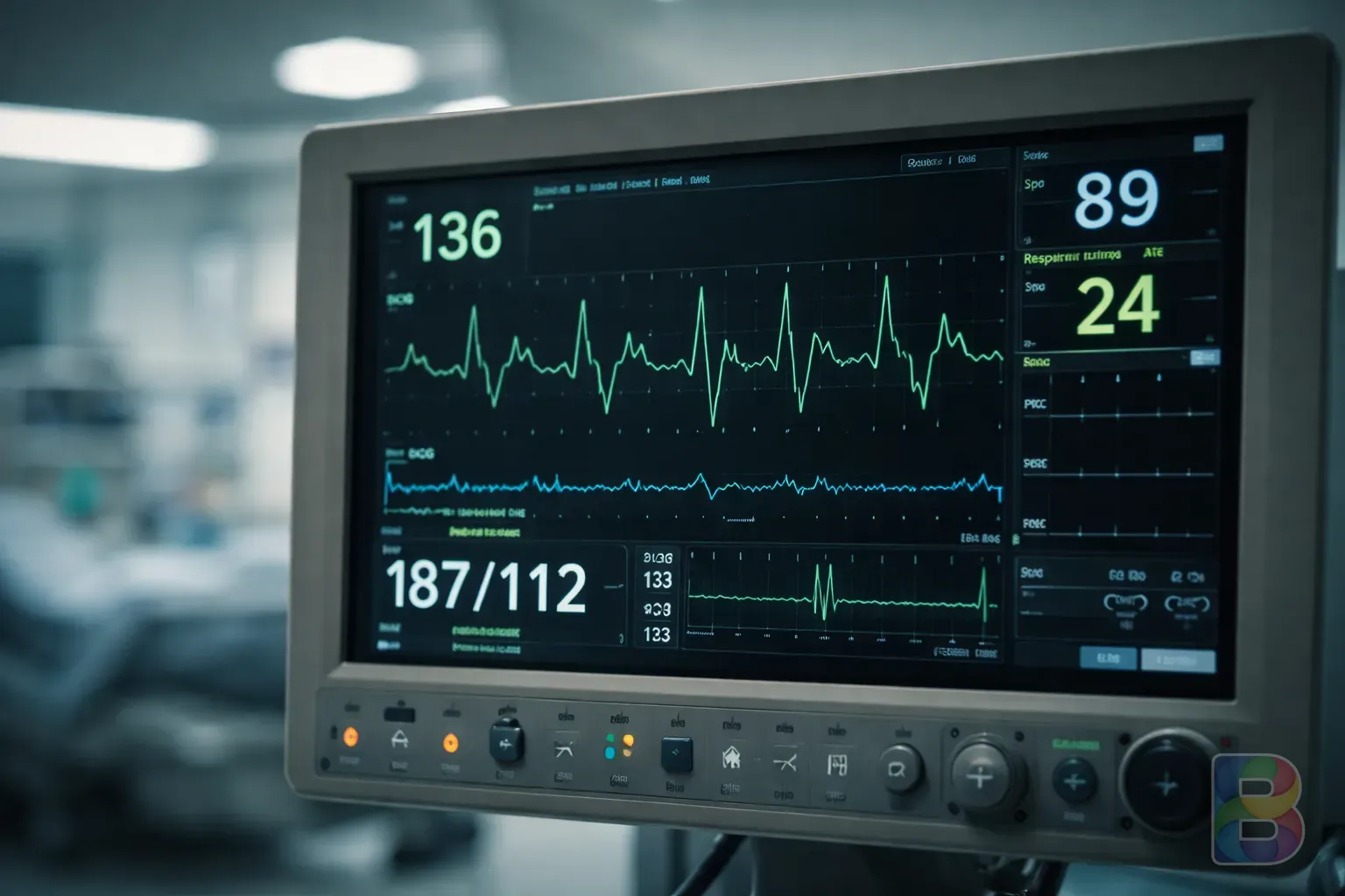 photorealistic, high-detail shot of a heart rate monitor screen showing irregular waves in a modern clinic, soft clinical lighting, professional atmosphere
