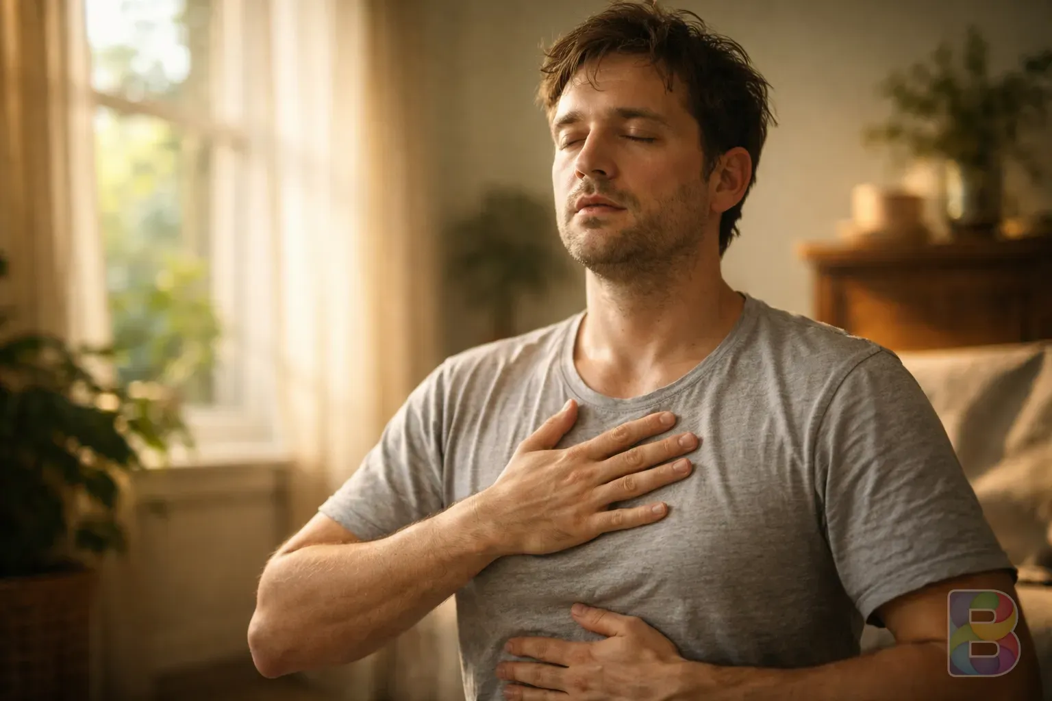 photorealistic, a person practicing deep breathing in a sunlit room, calm atmosphere, soft focus, cinematic lighting, warm tones