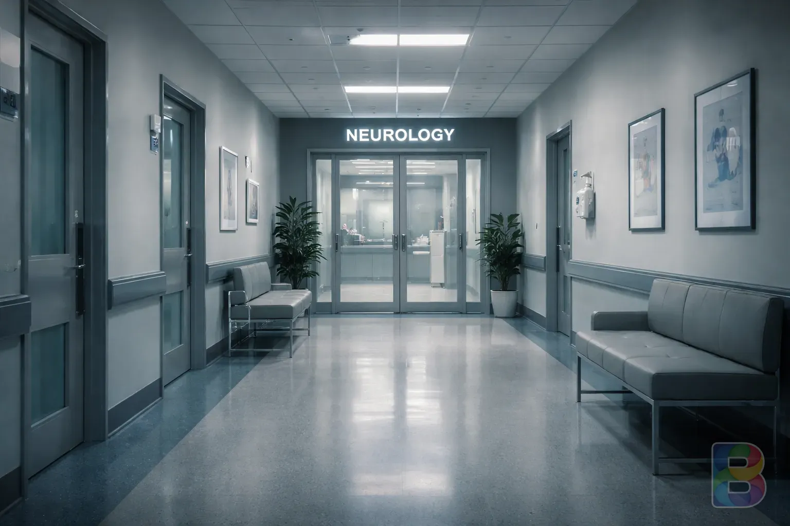 photorealistic, wide shot of a clean modern hospital hallway leading to a neurology department, soft cool lighting, professional and calm mood