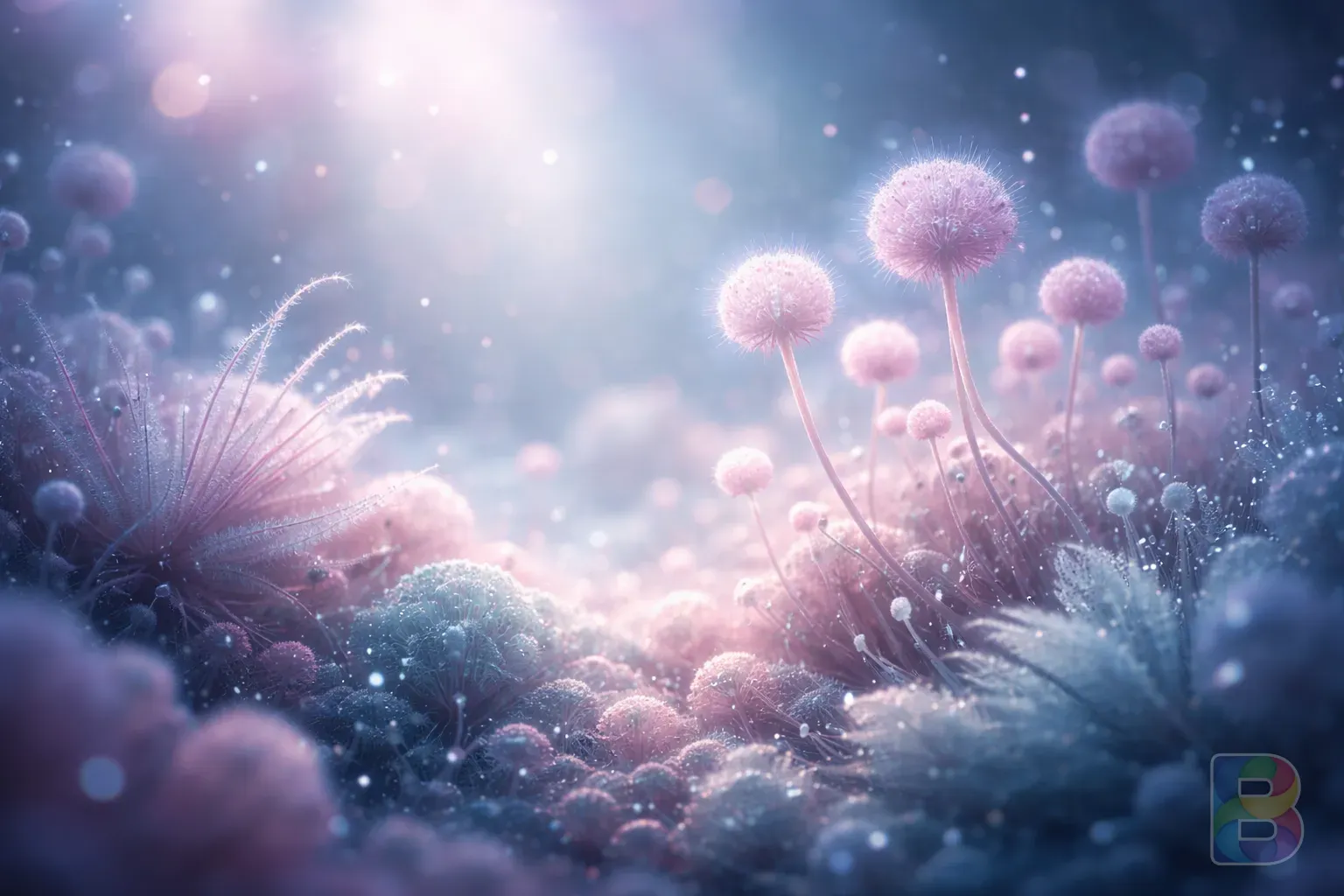 photorealistic, abstract representation of microscopic flora, soft blue and pink tones, ethereal lighting, high detail, scientific but artistic mood