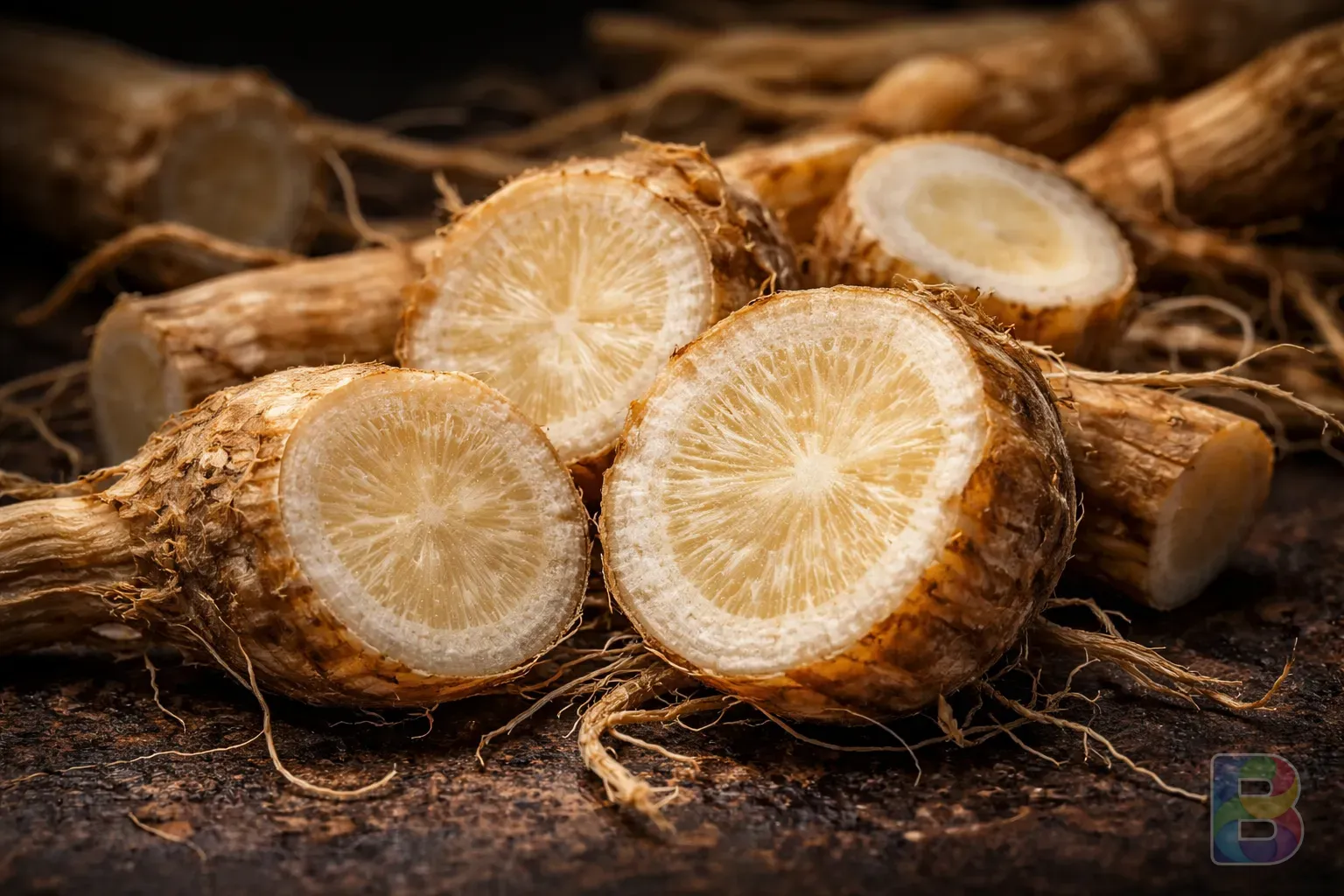 photorealistic, macro shot of sliced bellflower root showing its inner texture, studio lighting on a dark background, high detail, sharp focus on the fiber