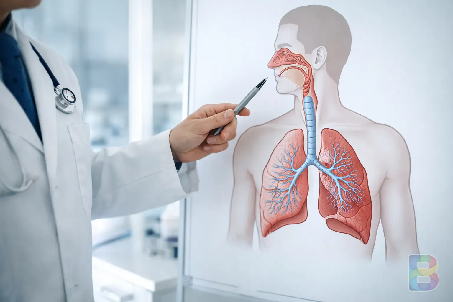 photorealistic, a medical professional pointing to a diagram of the human respiratory system, bright modern clinic, professional and clean environment