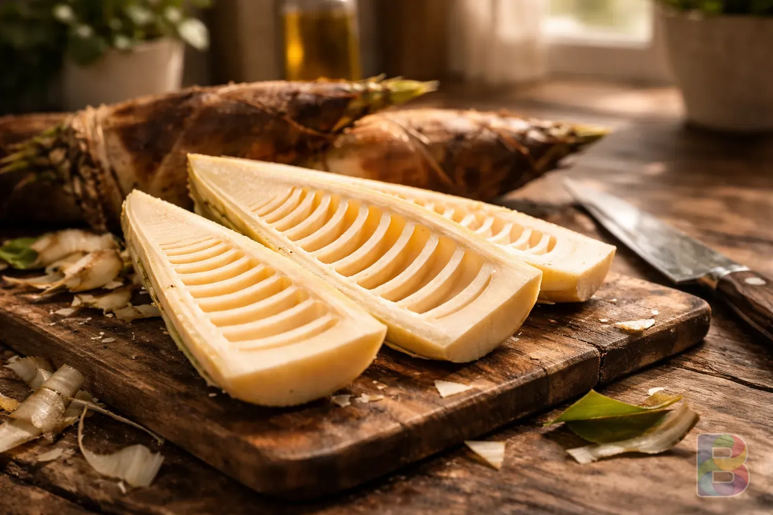 photorealistic, sliced bamboo shoots on a rustic wooden table, soft natural light, high detail texture, kitchen setting