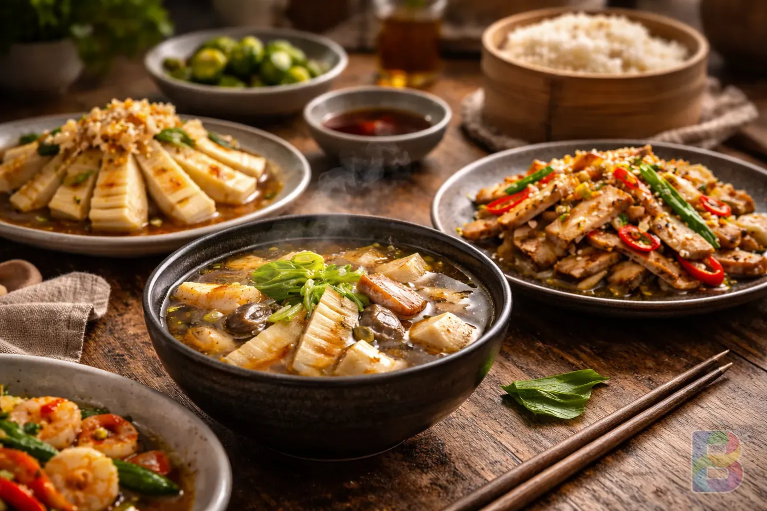 photorealistic, various dishes made with bamboo shoots, steaming bowl of soup, stir-fry, vibrant colors, appetizing food photography