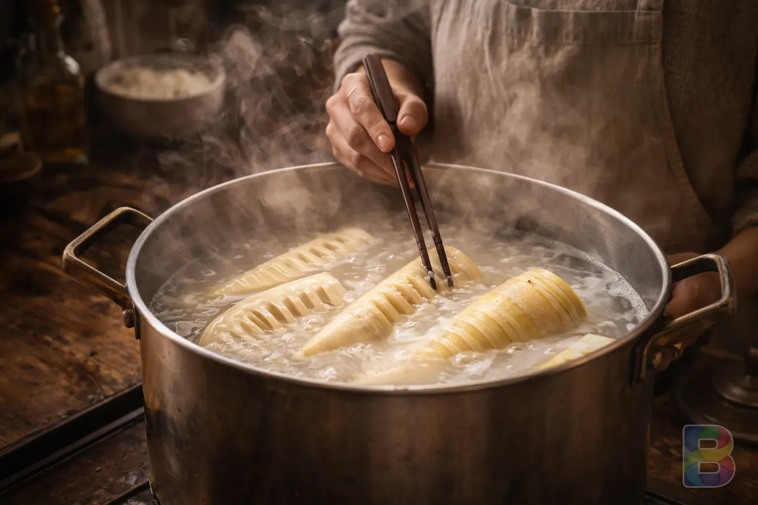 photorealistic, person boiling bamboo shoots in a large pot with rice water, steam rising, traditional kitchen atmosphere, warm tones