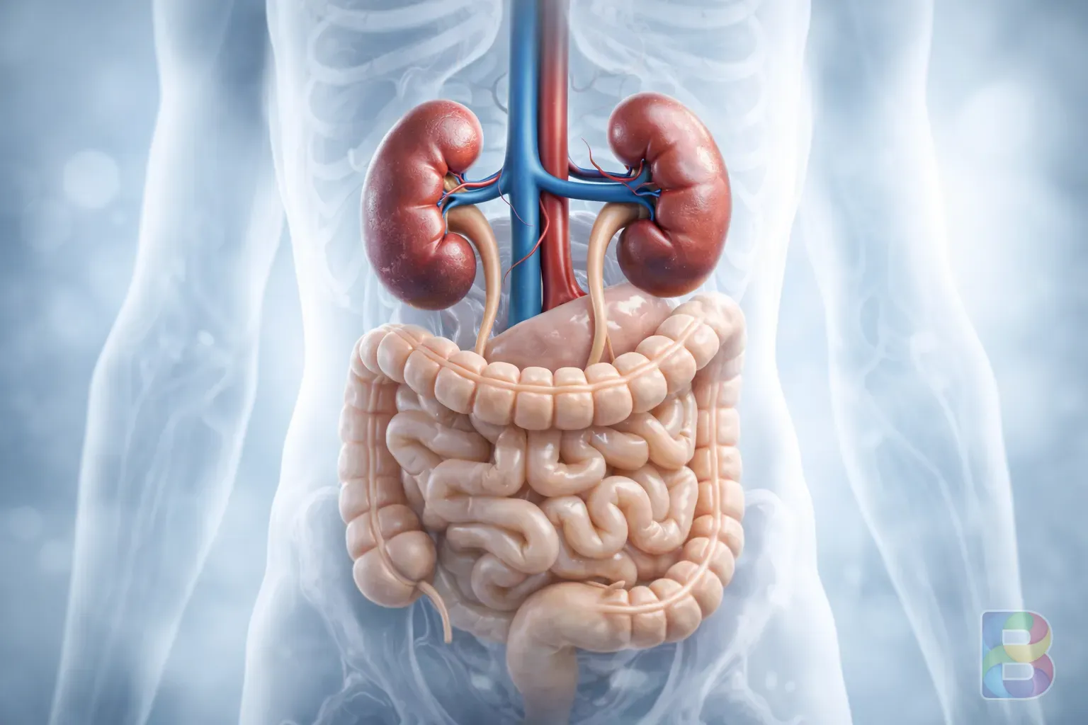 photorealistic, medical illustration of a kidney and digestive system, clean clinical background, soft blue and white tones