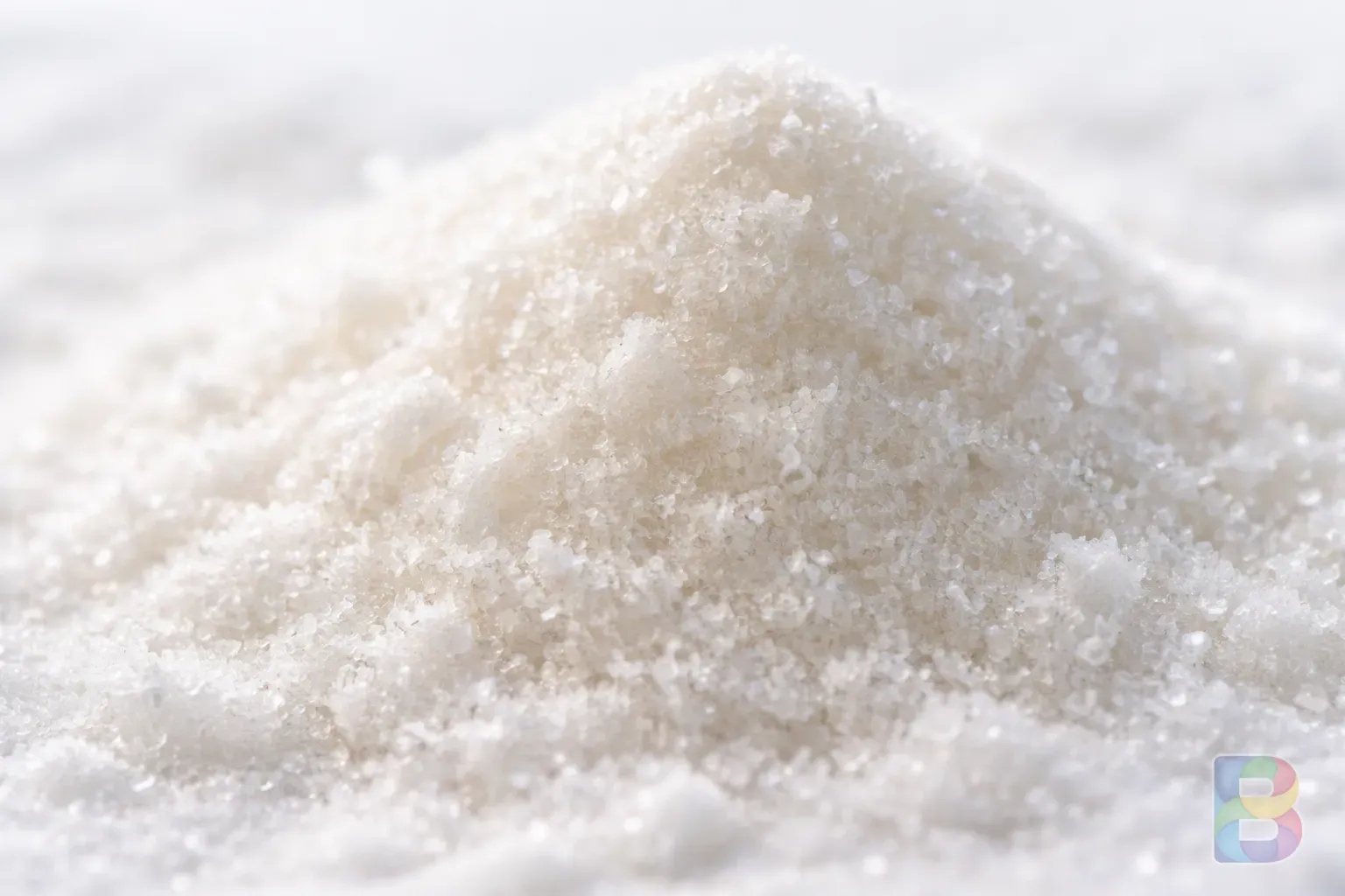 photorealistic, macro shot of amino acid powder crystals, white and clean background, soft studio lighting, high detail texture