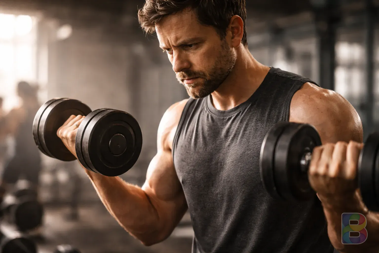 photorealistic, a person mid-workout lifting dumbbells, focused expression, cinematic lighting, muscle definition visible, high contrast