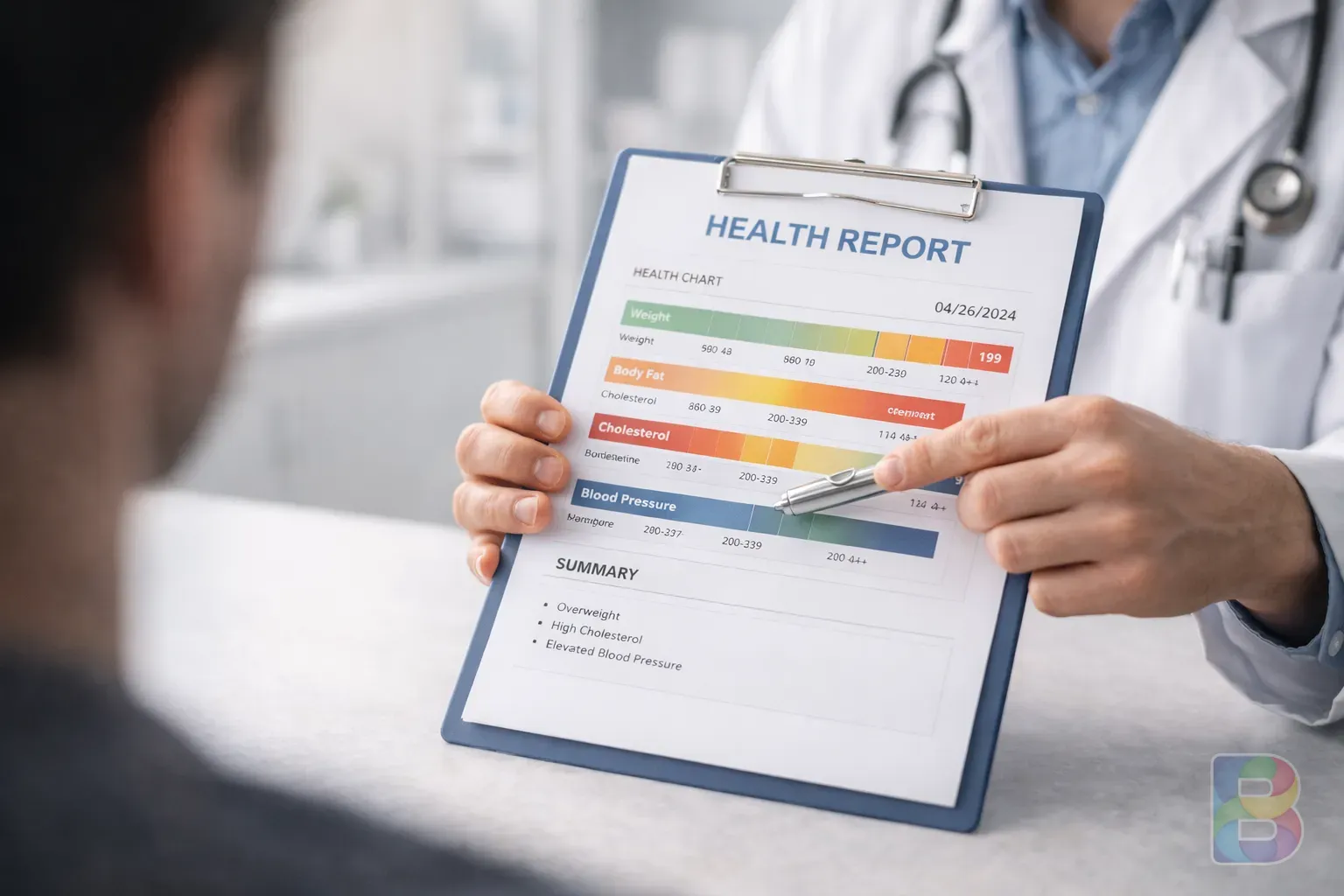 photorealistic, close-up of a medical consultation, doctor pointing at a health chart, professional and clean environment, cinematic lighting