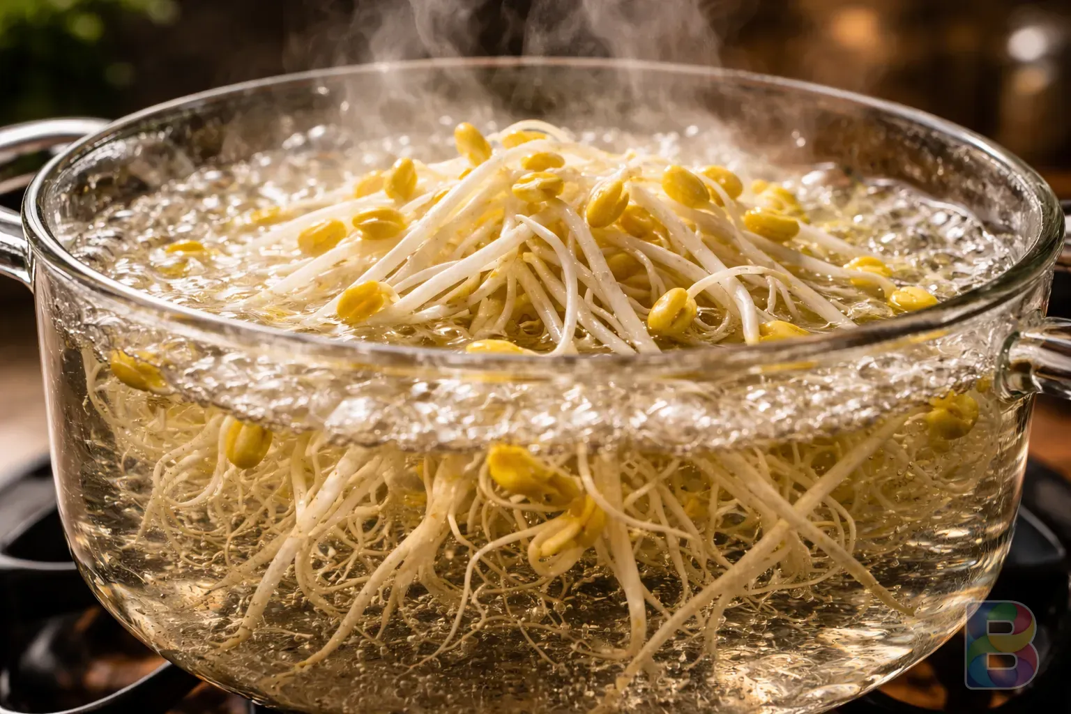 photorealistic, close-up of bean sprouts boiling in a clear pot, steam rising, macro photography of roots where asparagine is concentrated, warm kitchen atmosphere