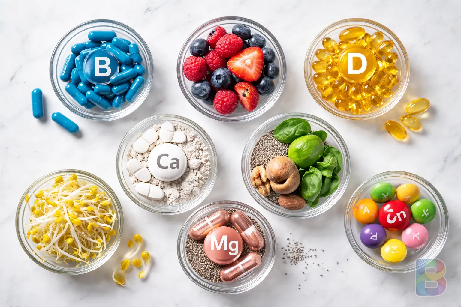 photorealistic, top-down view of seven small glass bowls each containing a different nutrient representation like vitamins, minerals, and bean sprouts, clean medical aesthetic