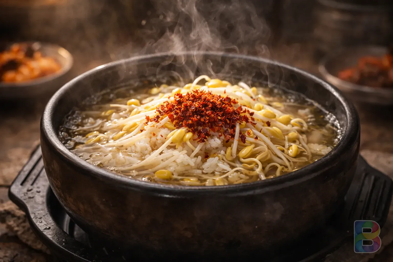 photorealistic, a steaming bowl of Kongnamul-gukbap (sprout soup with rice), red pepper flakes on top, steam, warm restaurant lighting, appetizing texture