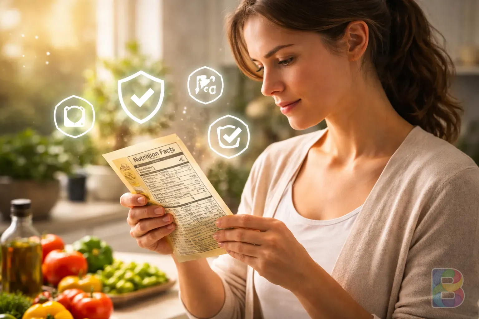 photorealistic, a person reading a nutrition label carefully in a bright kitchen, focused expression, cinematic lighting, conceptual safety icon overlay