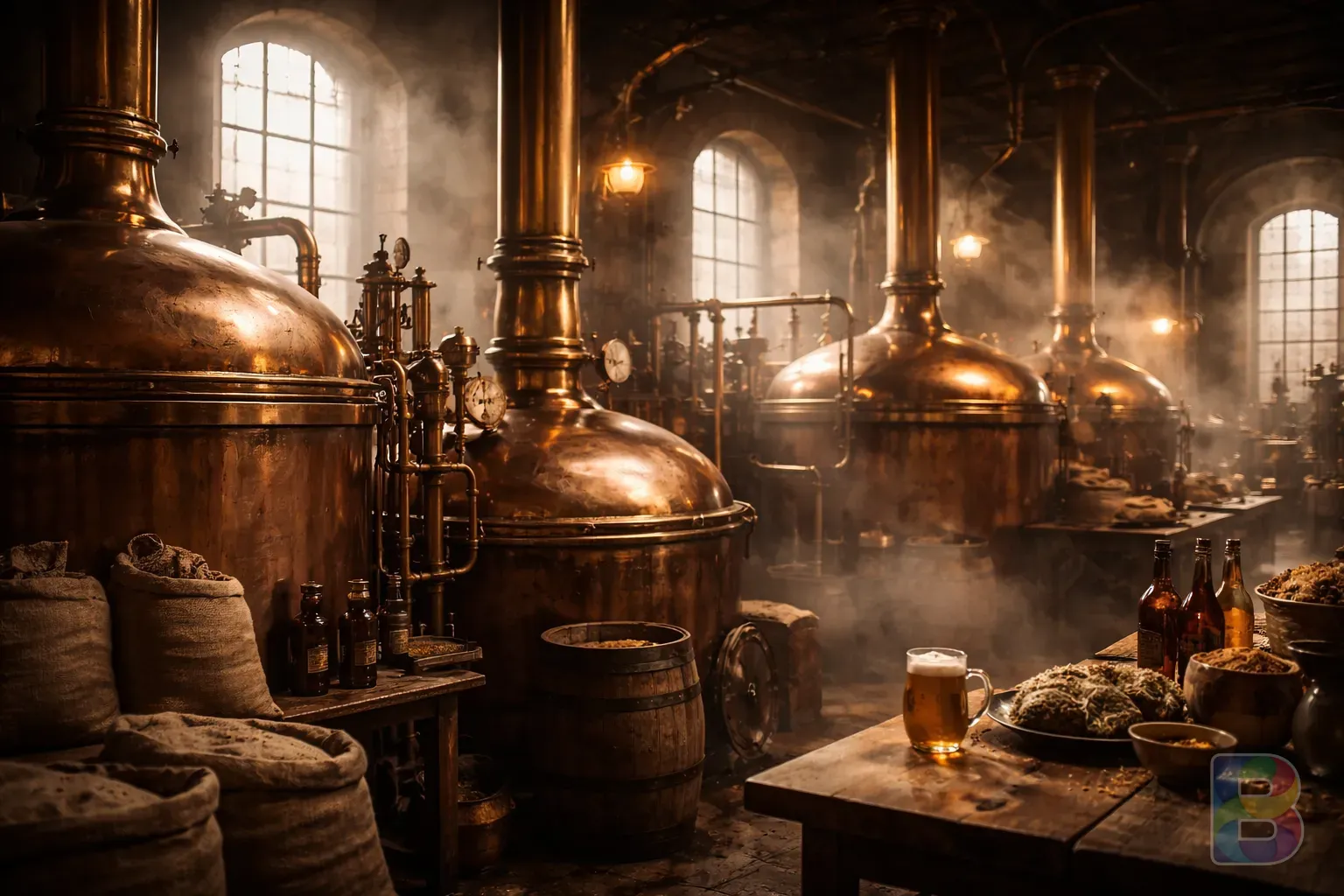 photorealistic, cinematic shot of a vintage beer brewery with steam and copper vats, warm historical mood, high detail