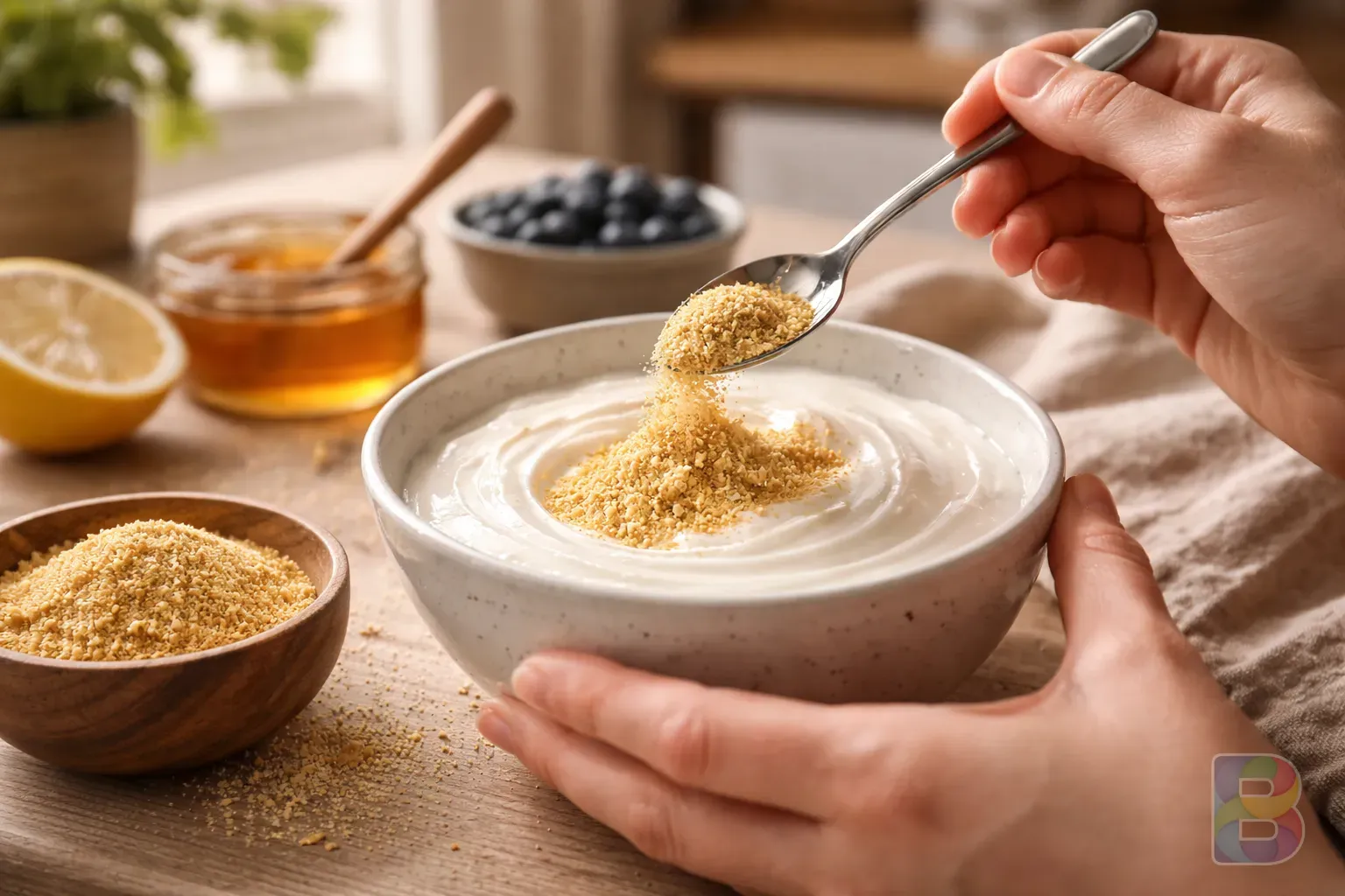 photorealistic, a person mixing golden powder into a bowl of plain white yogurt, soft kitchen morning light, clean and healthy vibe