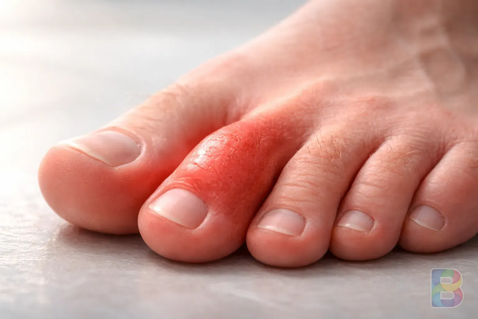 photorealistic, a close-up of a swollen toe joint representing gout, clinical lighting, red irritated skin texture