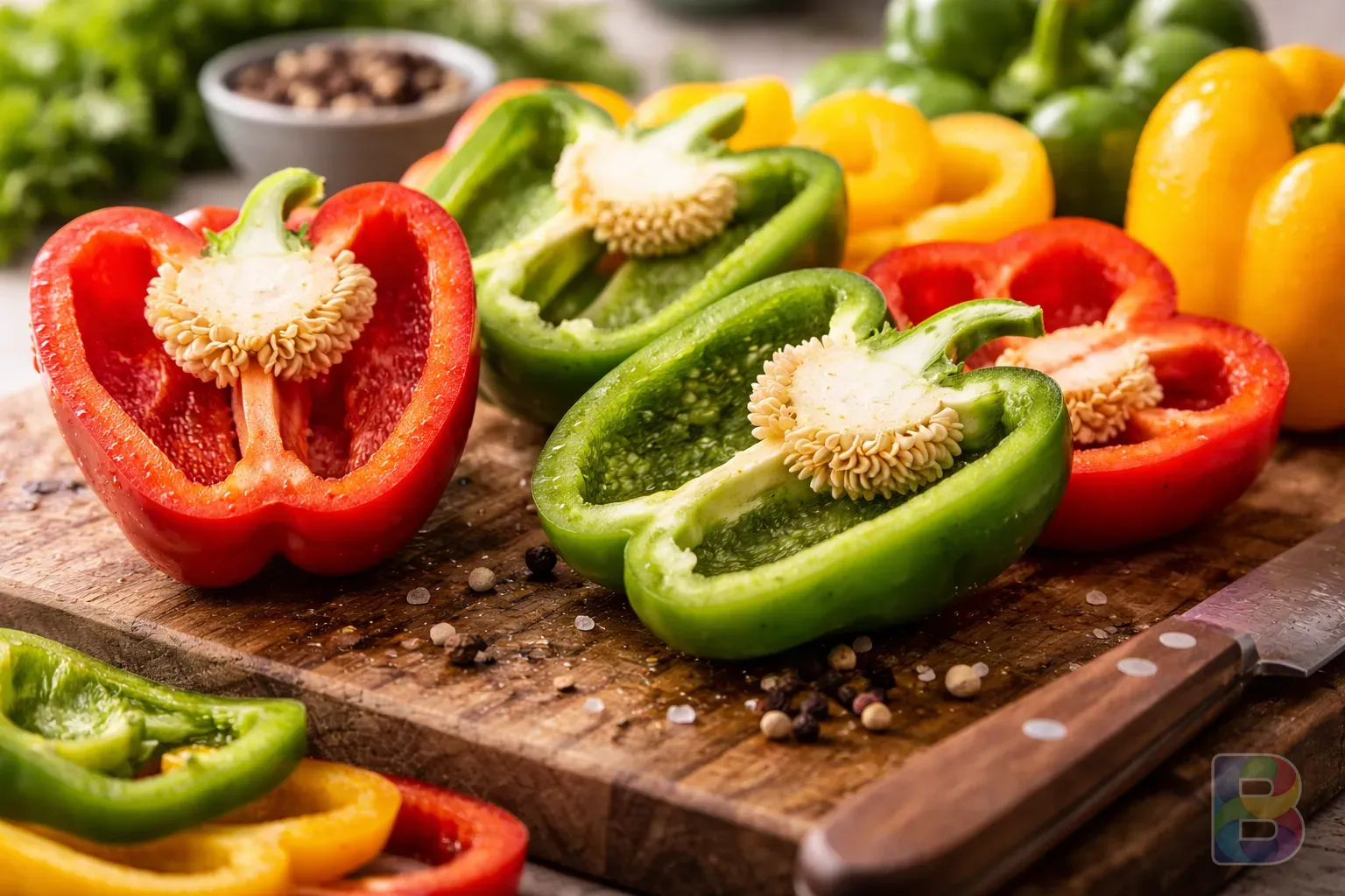 photorealistic, detail shot of sliced bell peppers showing seeds and interior texture, bright natural kitchen light, high detail, vibrant colors