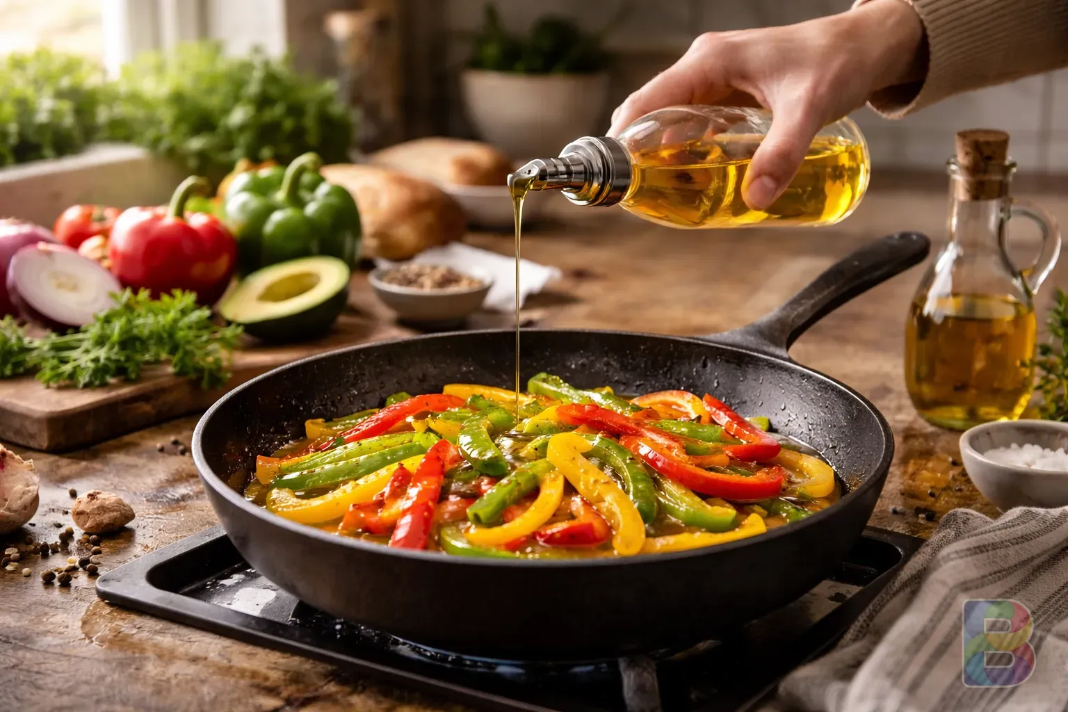 photorealistic, high-end kitchen counter with fresh vegetables and olive oil, a person's hand drizzling oil over sautéed peppers, warm cinematic tones